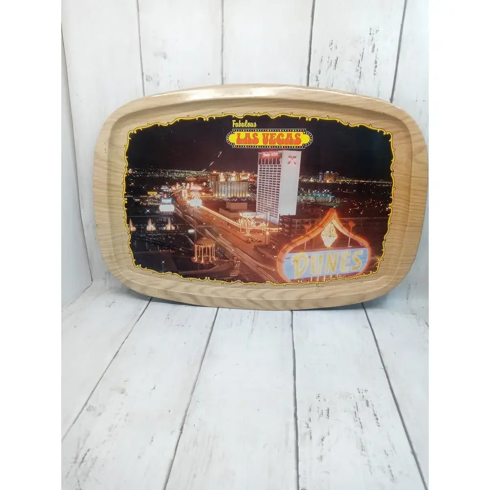 Vtg Las Vegas Strip Tin Tray Birdseye Night View Flamingo Hilton Dunes Caesars